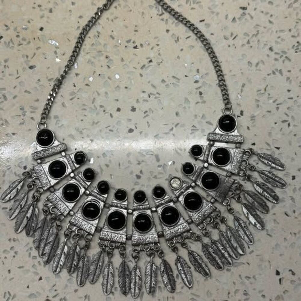 Bohemian Silver-Tone Statement Necklace with Black Stones and Feather Charms